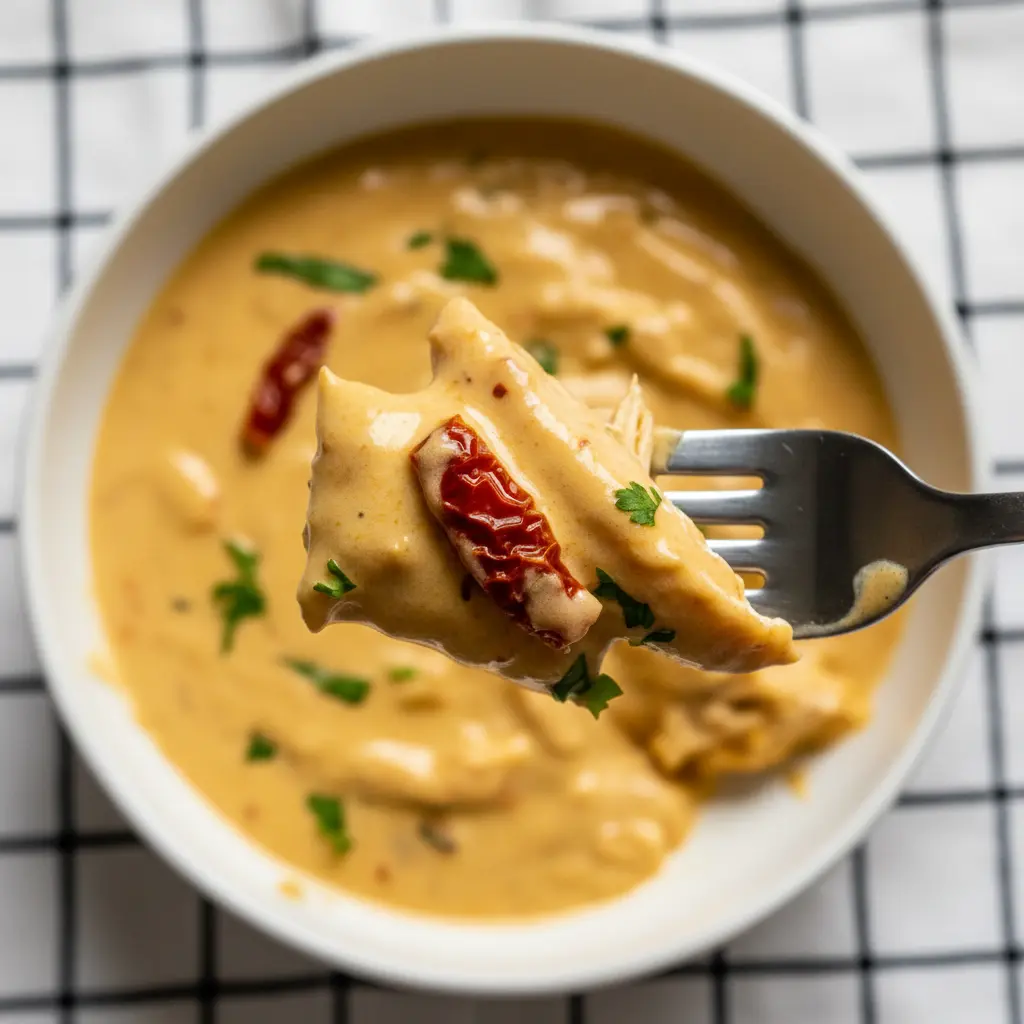 Close up macro of tuscan chicken with sauce.