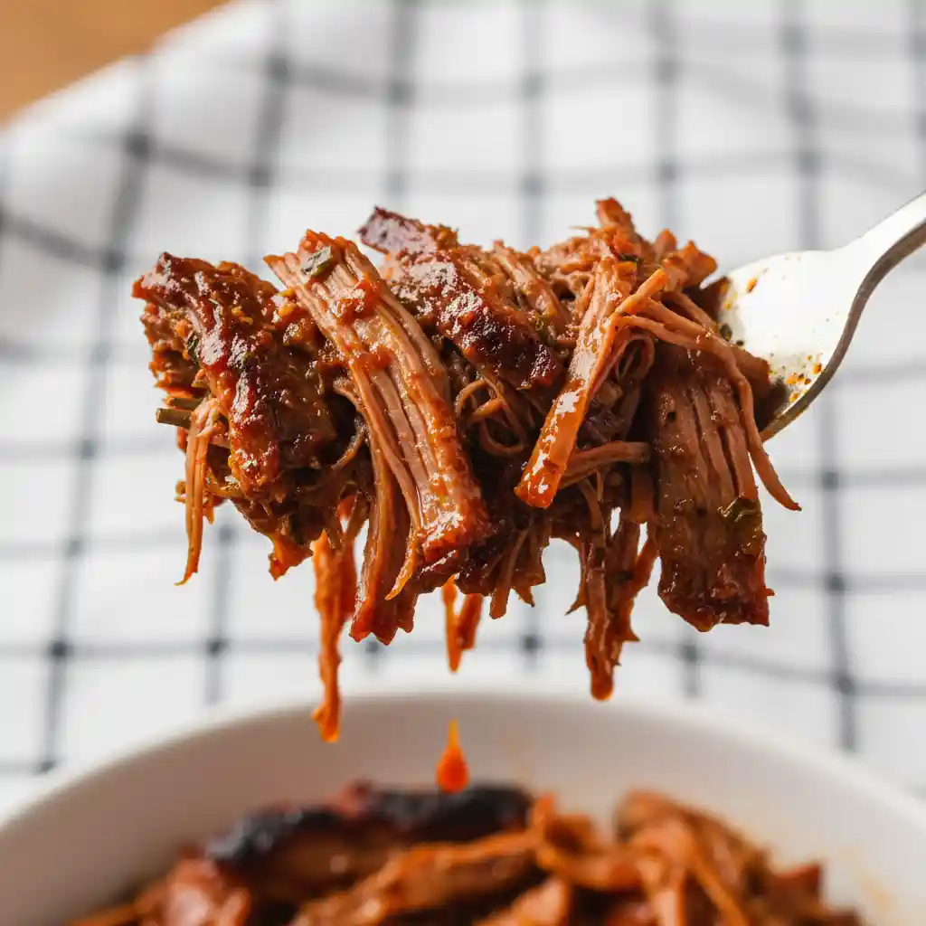 Close up macro of shredded beef barbacoa.
