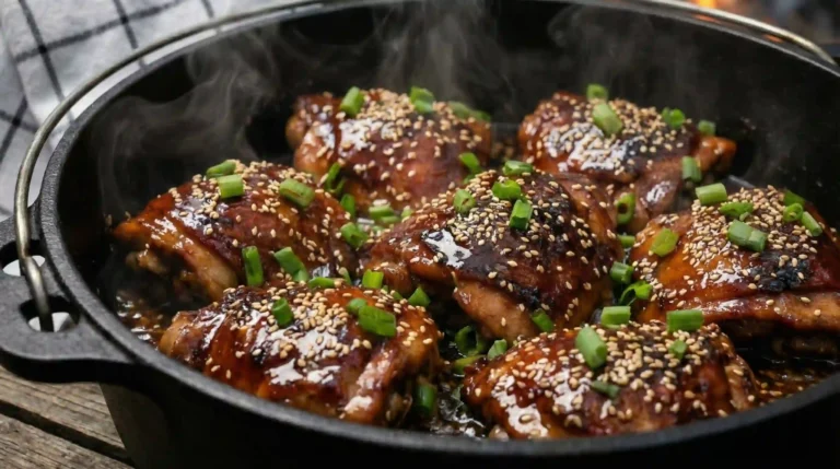 Slow Cooker Honey Garlic Chicken Thighs in a Dutch oven.