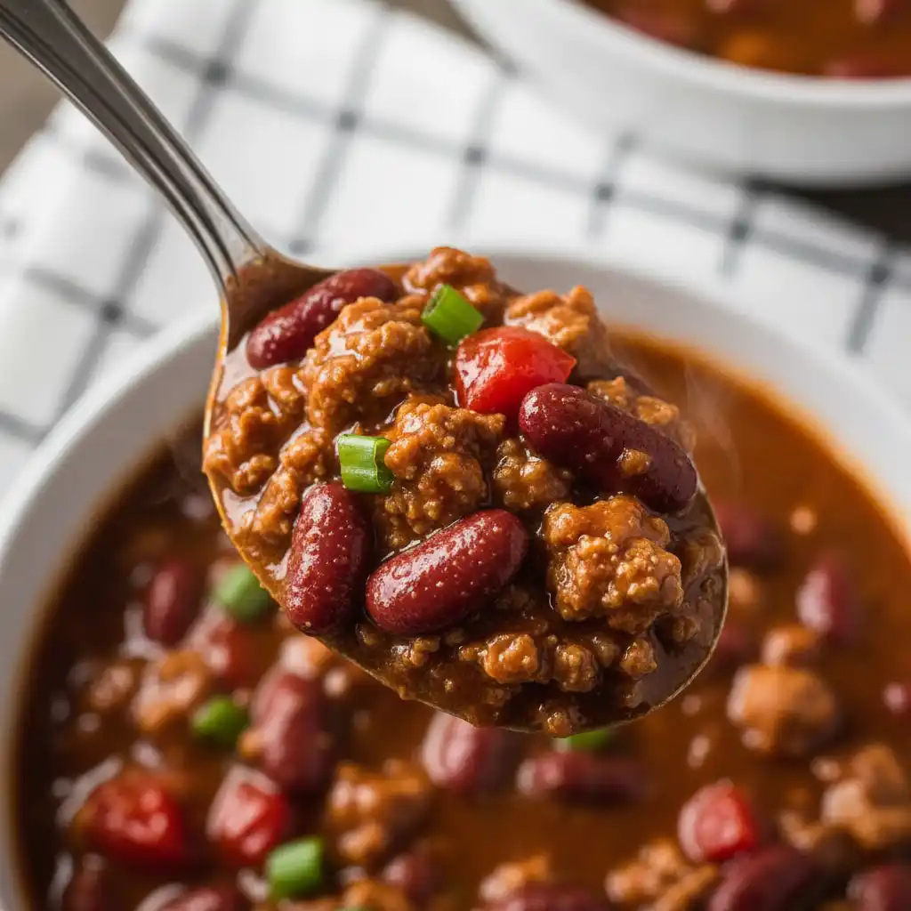 Close up macro of turkey chili on a spoon.