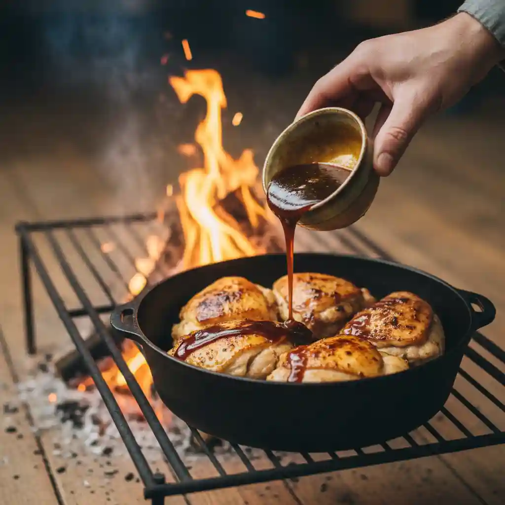 Close up macro of honey garlic chicken thigh.