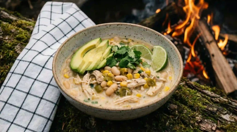 High-Protein Slow Cooker White Chicken Chili recipe in a bowl.