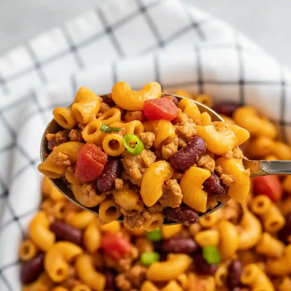 Close up macro of turkey chili mac.
