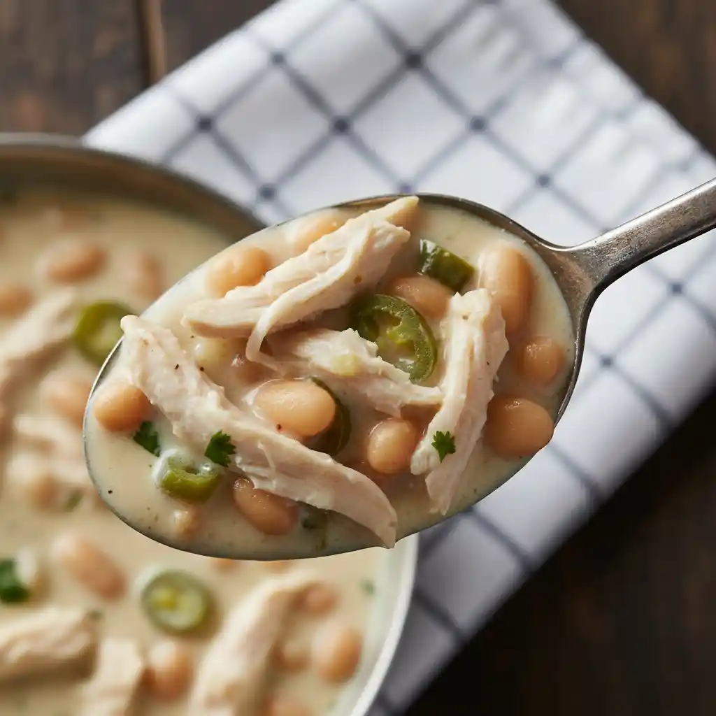white chicken chili on a spoon