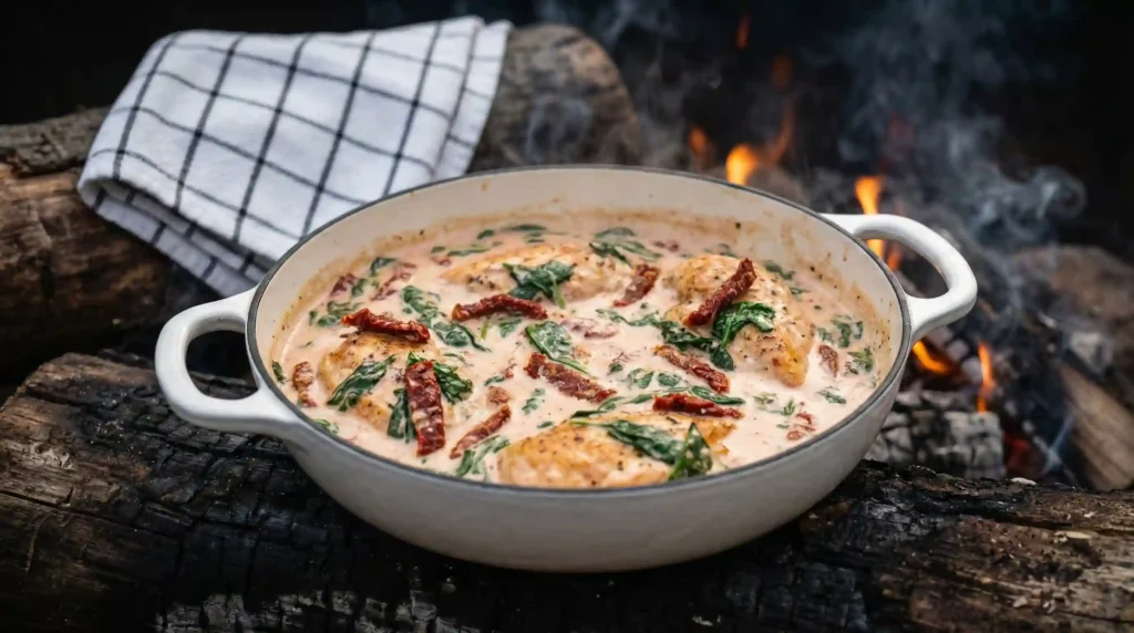 High Protein Slow Cooker Tuscan Chicken in a pot