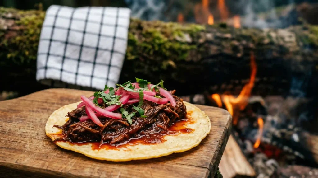 High Protein Slow Cooker Beef Barbacoa in a taco.